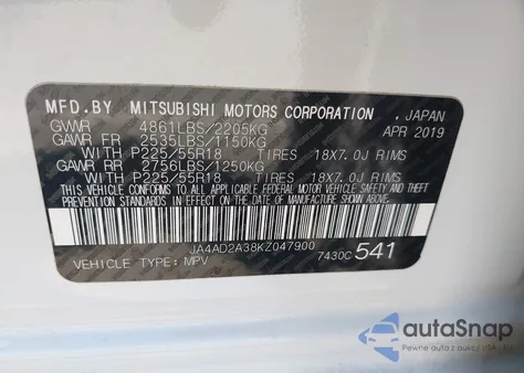 2019 Mitsubishi Outlander Es from USA, damaged, VIN JA4AD2A38KZ047900